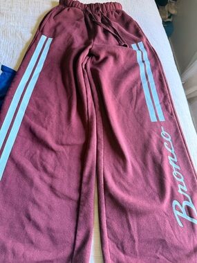 Ford Burgundy Wide-Leg Sweatpants with Light Blue Stripes
